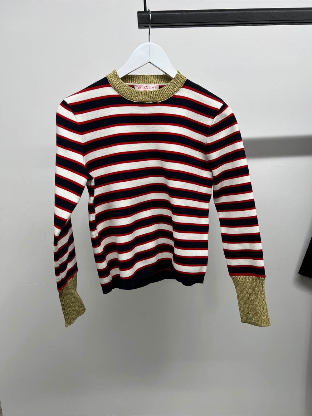 Valentino Striped Crewneck Sweater in Navy, White, Red with Gold Trim